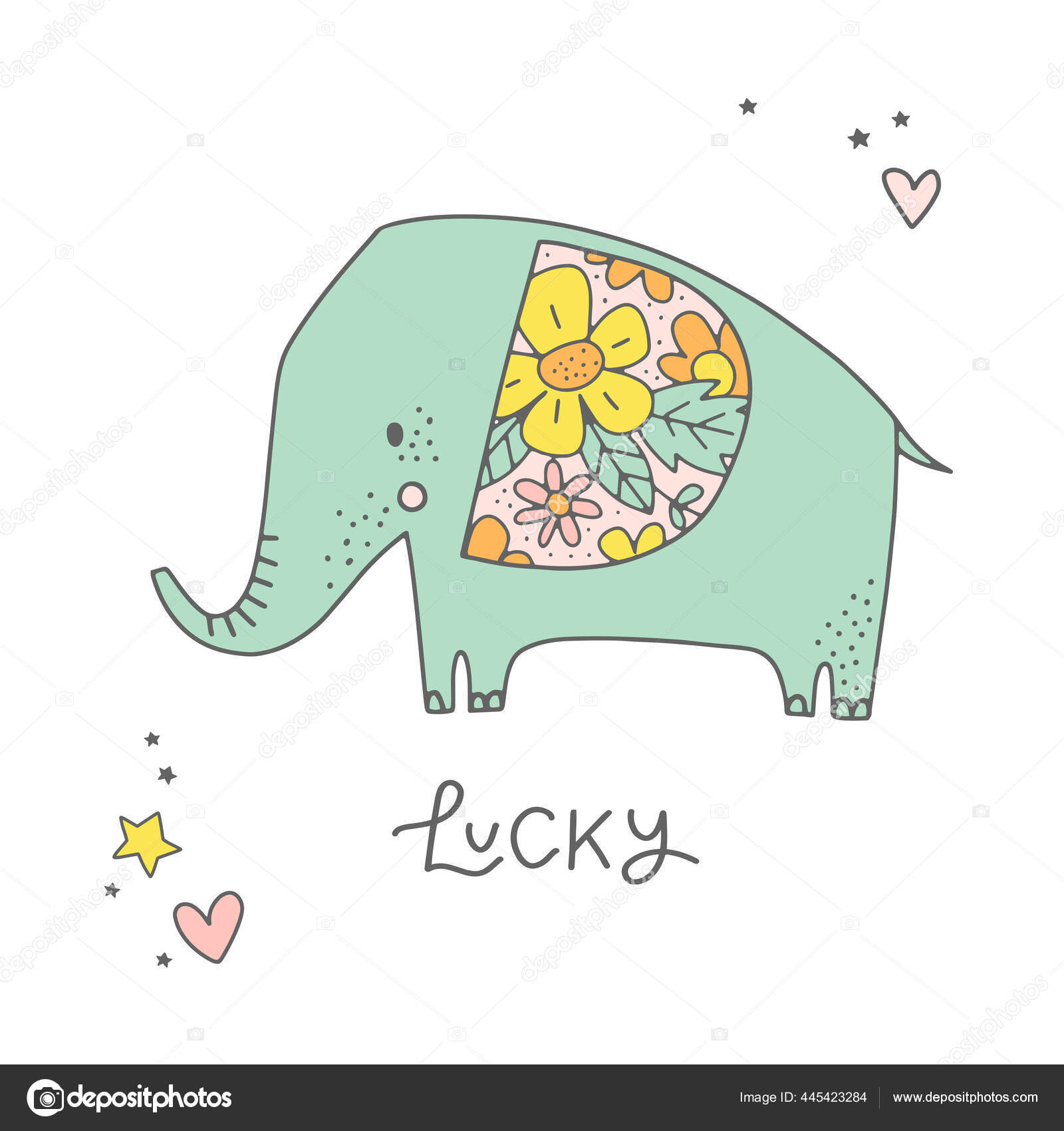 Cute Kartun Gajah Dengan Gambar Vektor Bunga Stok Vektor Motonika 445423284