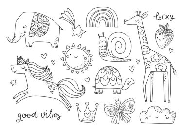 Şirin çizgi filmler. Hayvanlar vektör çizimleri yapar.