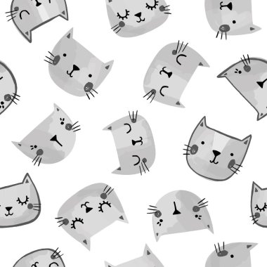 Kedilerin çizgi film yüzleri, vektör illüstrasyonları olan şirin bir arkaplan.