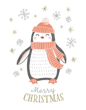 Tatlı çizgi film Noel pengueni, vektör illüstrasyonu