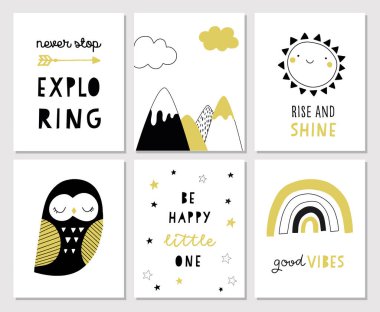 Sevimli çizgi film setleri posterleri, vektör illüstrasyonu