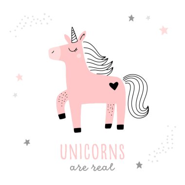 Tatlı tek boynuzlu at çizgi filmi, vektör illüstrasyonu.