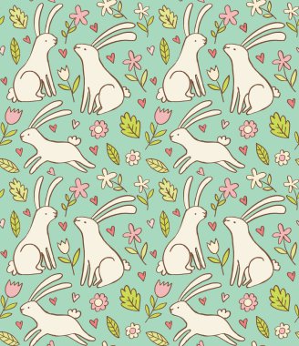 Çizgi film tavşanları ve çiçek vektör illüstrasyonuyla sevimli bir arkaplan