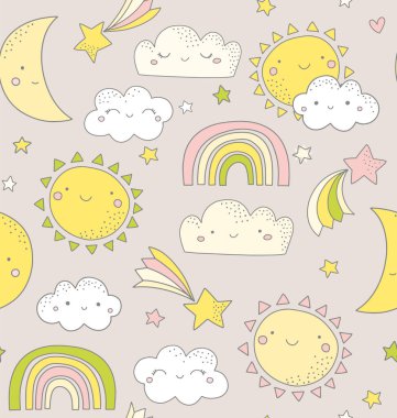 şirin çizgi film gökyüzü deseni, vektör çizimi