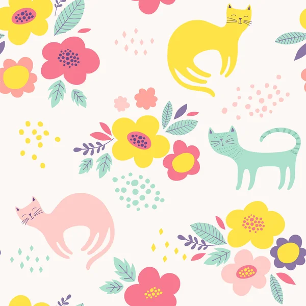 Χαριτωμένο Φόντο Λουλούδια Κινουμένων Σχεδίων Και Γάτες Διανυσματική Απεικόνιση — Διανυσματικό Αρχείο
