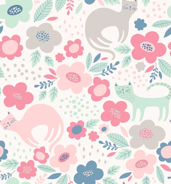 Netter Hintergrund Mit Cartoon Blumen Und Katzen Vektor Illustration — Stockvektor