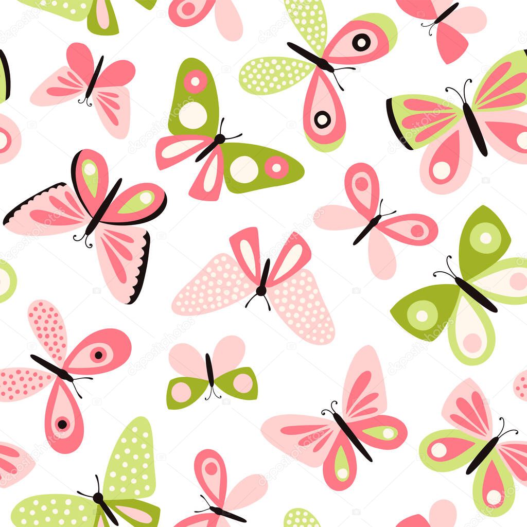 Cute background with cartoon butterflies, vector illustration