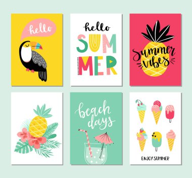 Tropikal kart şablonu, vektör illüstrasyonu çizgi film kümesi 