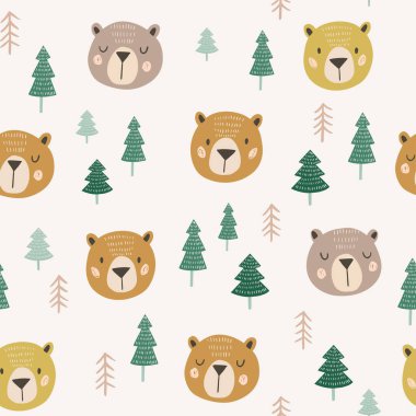 Ayı yüzlü karikatür çam ağaçları, vektör illüstrasyonlu şirin bir arkaplan.