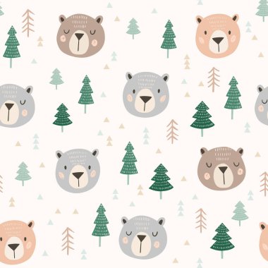 Ayı yüzlü karikatür çam ağaçları, vektör illüstrasyonlu şirin bir arkaplan.