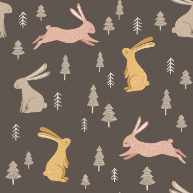 Çizgi çam ağaçları, tavşanlar ve vektör illüstrasyonlu şirin bir arkaplan.
