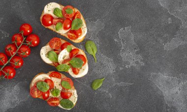 Caprese bruschetta tostları mozzarella, kiraz domatesleri ve taze bahçe fesleğeni. Geleneksel İtalyan aperatifi veya aperatifi, antipasto. Kopyalama alanı olan üst görünüm. Düz yatıyordu.