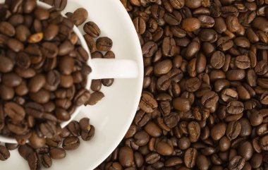 Yakından kahve tanecikli beyaz bardak. Yukarıdan bak. Düz yatıyordu.