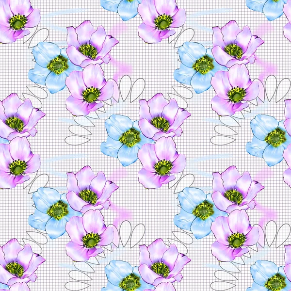 Seamless Background Image Garden Flowers Anemones Chaotic Arrangement Pattern Printing — Stock Photo, Image