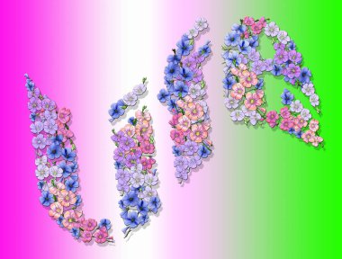 Dekoratif arka plan ve yakın plan yazıtlar. Harfler renkli arkaplandaki çiçek elementlerinden yapılmış. Yazdırılmış malzeme.