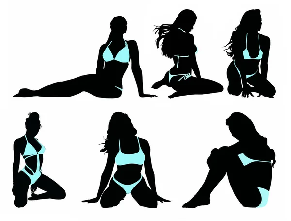 Set Black Silhouettes Girls Sitting Position Close White Background — Stock Photo, Image