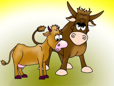 Evcil hayvanlar. İnek. Çocuklar için çizgi film hayvanlarının görüntüsü olan bir illüstrasyon.