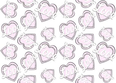Metin ve kalplerle dekoratif bir arka plan. Şenlik posterleri koleksiyonu. Aşk ve romantizm teması. Duvar kağıtları, kartpostallar, desenler, yüzey dokuları ve kumaş baskıları için kullanılabilir..