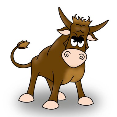 Çocuklar için sevimli hayvanlar çiziyorum. Beyaz arka planda boğa. Yakın plan..