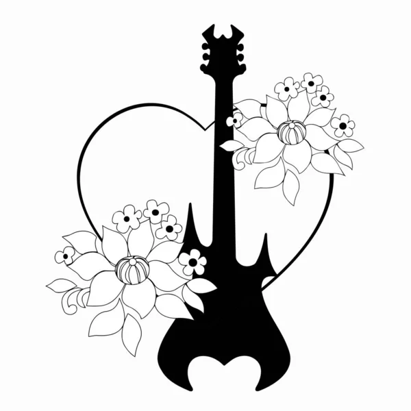 Guitarra Corazón Silueta Negra Sobre Fondo Blanco Ilustración Gráfica Tatuaje — Foto de Stock