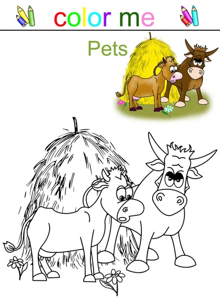 Eine Kuh Und Ein Ochse Zeichentricktiere Und Ein Heuhaufen Großaufnahme — Stockfoto