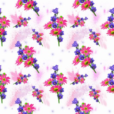 Çiçek ve buket görüntüsü olan yaratıcı bir kompozisyon. Yaz temalı dekoratif, pürüzsüz bir arka plan. Kağıt ya da kumaş üzerine yazdırmak için malzeme.