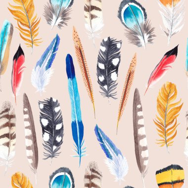 Renkli kuş tüylerinin görüntüsüne sahip yaratıcı bir kompozisyon. Kağıt ya da kumaş üzerine yazdırmak için malzeme.