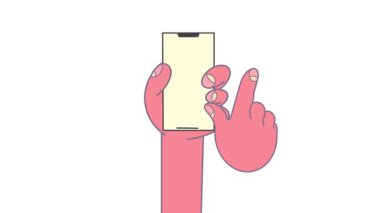 Online mağaza animasyonunda giyecek seçmek için akıllı telefonu elle çalmak - çevrimiçi alışveriş, hızlı dağıtım, satış mahremiyeti. Akıllı telefondan elbise aşırıp online mağazadan almak için kıyafet seçmek.