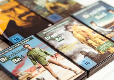 Lviv,Ukraine-11.07.2025: A few sets of dvd discs in boxes with a popular Breaking Bad TV show.