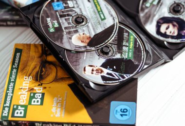 Lviv,Ukraine-11.07.2025: A few sets of dvd discs in boxes with a popular Breaking Bad TV show.