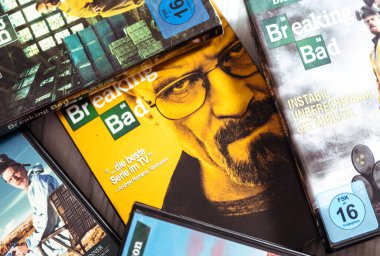 Lviv,Ukraine-11.07.2025: A few sets of dvd discs in boxes with a popular Breaking Bad TV show.