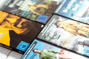 Lviv,Ukraine-11.07.2025: A few sets of dvd discs in boxes with a popular Breaking Bad TV show.