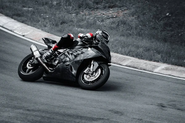 Man Riding Motorcycle Asphalt Road Motorcyclist Black Suit Black Sport — Stok Foto