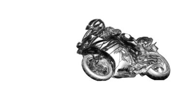 Asfalt yolda motosiklet süren bir adam. Siyah-beyaz spor motosikletinde motosikletçi.