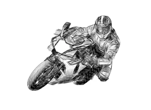 Człowiek Jeżdżący Motocyklu Asfaltowej Drodze Motocyklista Motocyklu Sportowym Czarno Biały — Zdjęcie stockowe