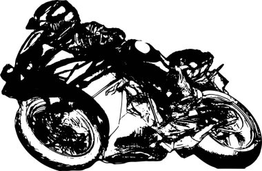 Asfalt yolda motosiklet süren bir adam. Siyah-beyaz spor motosikletinde motosikletçi.