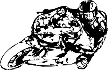 Asfalt yolda motosiklet süren bir adam. Siyah-beyaz spor motosikletinde motosikletçi.