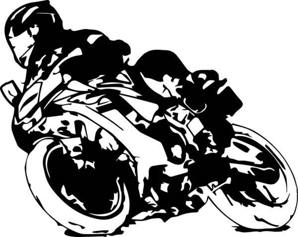 男人骑摩托车在沥青路面上 黑色和白色运动摩托车的摩托车手 — 图库矢量图片