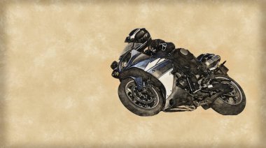 Asfalt yolda motosiklet süren bir adam. Siyah-beyaz spor motosikletinde motosikletçi.