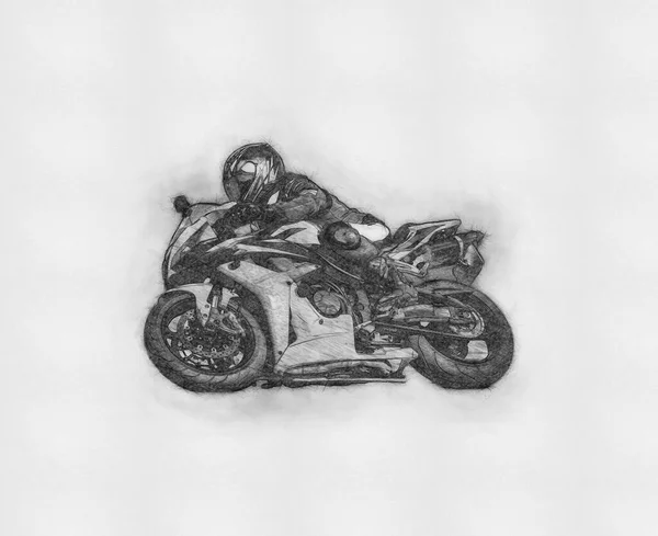 Чоловік Їде Мотоциклі Асфальтній Дорозі Мотоцикліст Чорно Білому Спортивному Мотоциклі — стокове фото