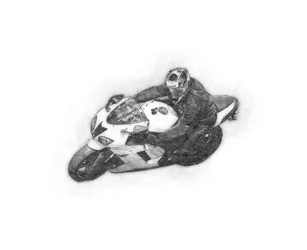 男人骑摩托车在沥青路面上 摩托车手在黑色和白色的运动摩托车 说明1 — 图库照片