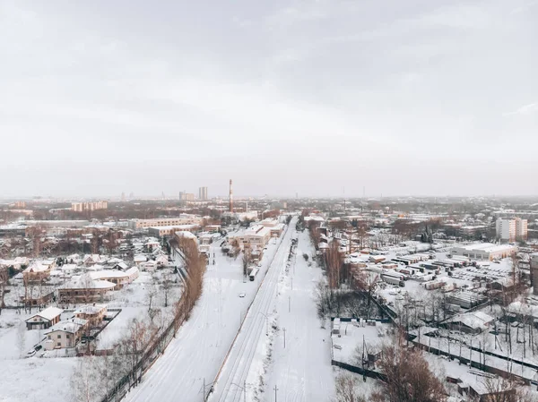 Повітряний Безпілотник Вид Будинки Дорогу Зимовий Пейзаж — стокове фото