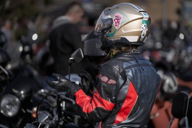 Riga, Latvia - September 22, 2020: Bikers celebrated the opening of motorcycling season by ride over city.