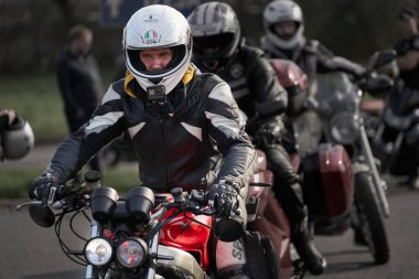 Riga, Latvia - September 22, 2020: Bikers celebrated the opening of motorcycling season by ride over city.