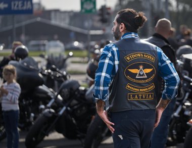 Riga, Latvia - September 22, 2020: Bikers celebrated the opening of motorcycling season by ride over city.