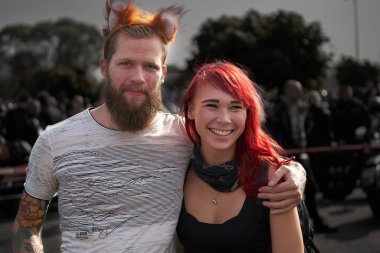 Riga, Latvia - September 22, 2020: Bikers celebrated the opening of motorcycling season by ride over city.