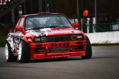 24-04-2021 BMW and tire marks on the asphalt. The car stalled. Drift. Burnout. Editorial photo.