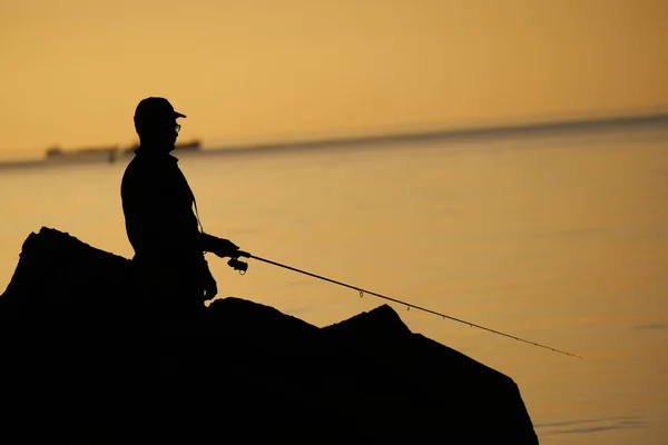 Fisherman Silhouette Sunset Fishing Spinning Sunset Silhouette Fisherman — Foto de Stock