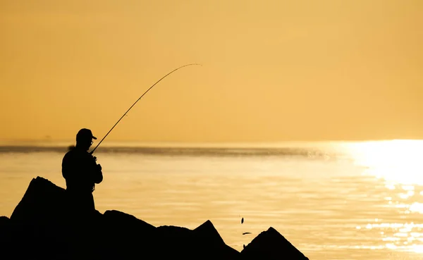 Fisherman Silhouette Sunset Fishing Spinning Sunset Silhouette Fisherman — Stockfoto