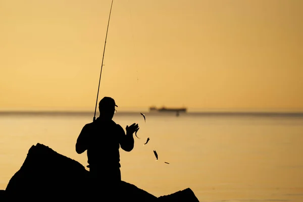 Fisherman Silhouette Sunset Fishing Spinning Sunset Silhouette Fisherman — Stockfoto